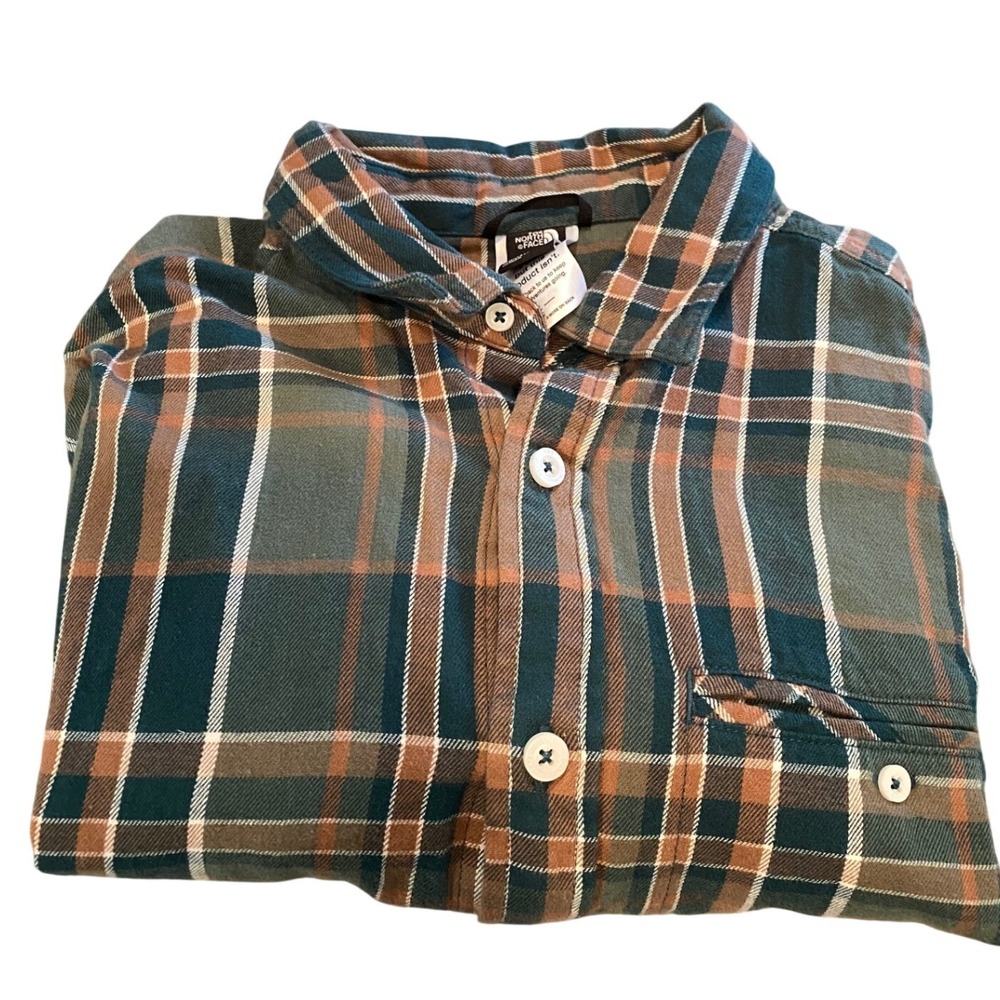 The North Face Mens Medium Plaid Flannel Shirt Green Brown Gorpcore Hiking
